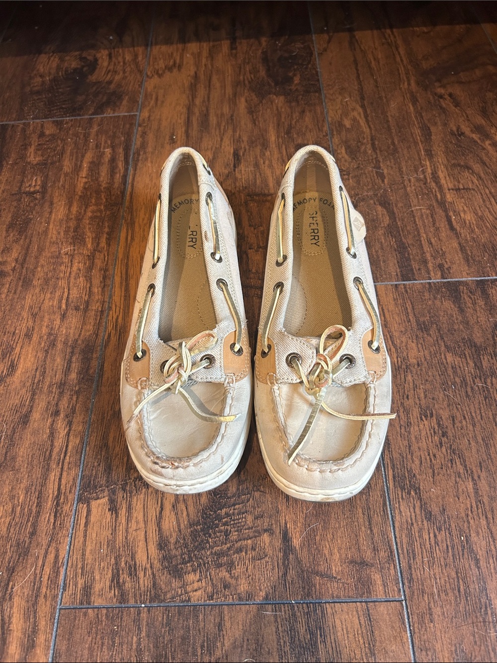 Sperry Beige Canvas and Tan Leather Slip-On Boat Shoes